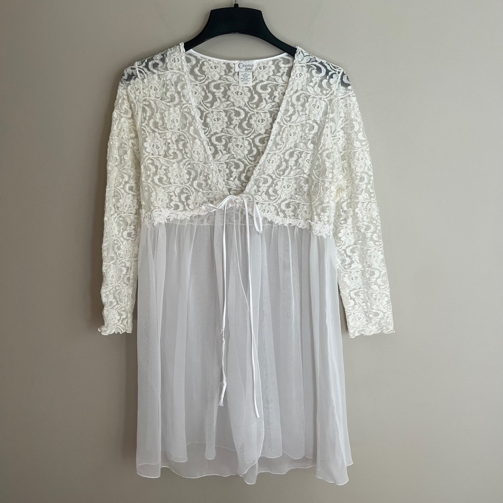 Vintage White Lace Long Sleeve Babydoll Nightgown Kimono Sheer Chiffon L Flowy